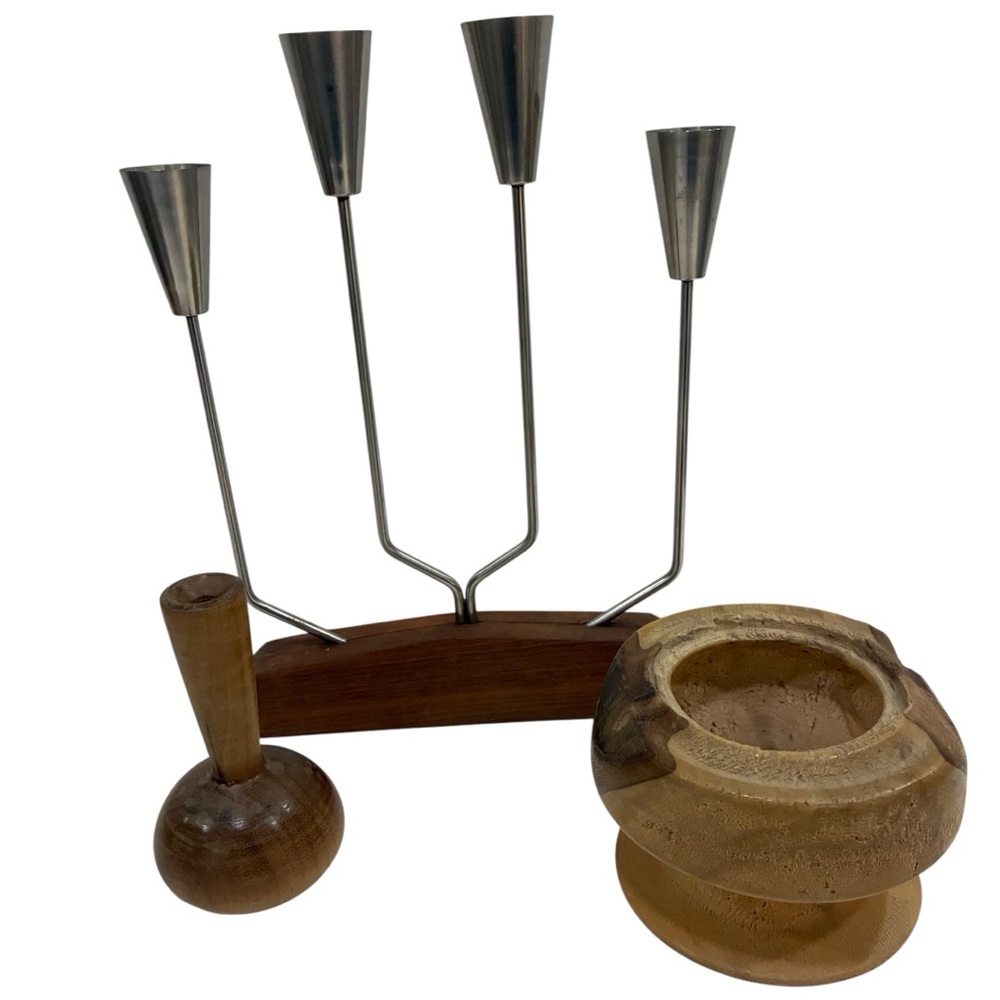 trio of Collectibles in Myrtle Wood and Teak 1 trinket Bowl 1 Candelabra 1 Vase